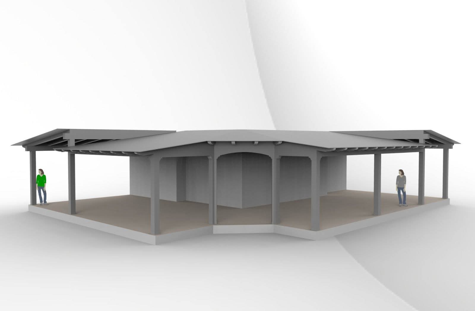 Render struttura in legno a doppia falda con angolo a L