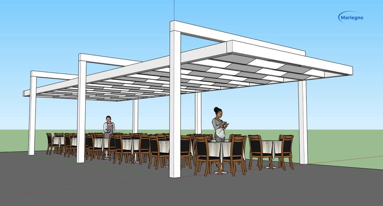 Render pergola in legno per dehor di ristorante